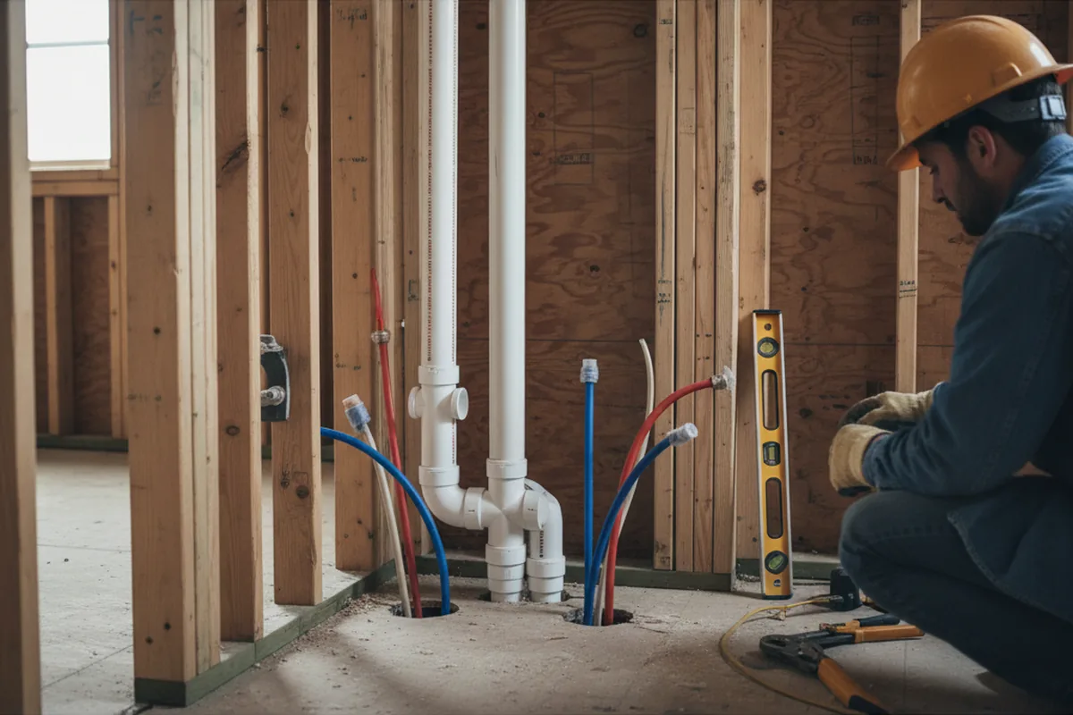 Drain and supply rough-in during Drain Cleaning in Ecru
