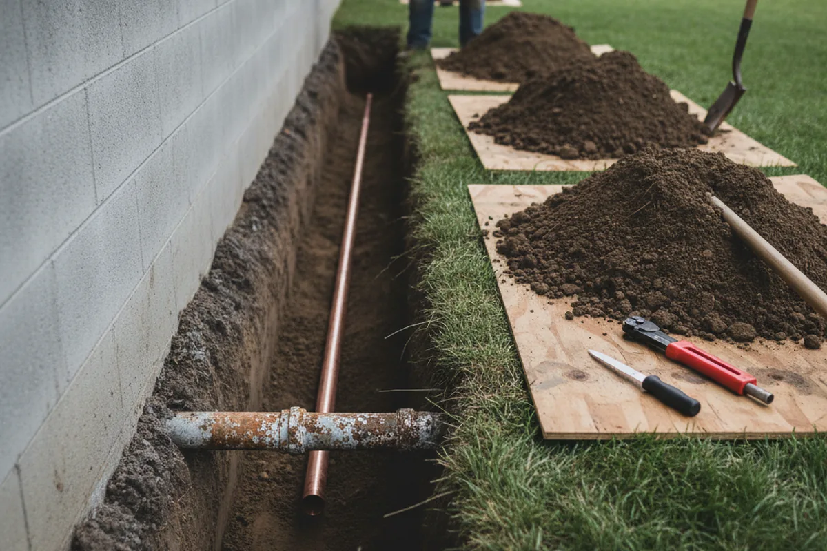 Excavated water line trench during Sewer Line Repair in Ecru